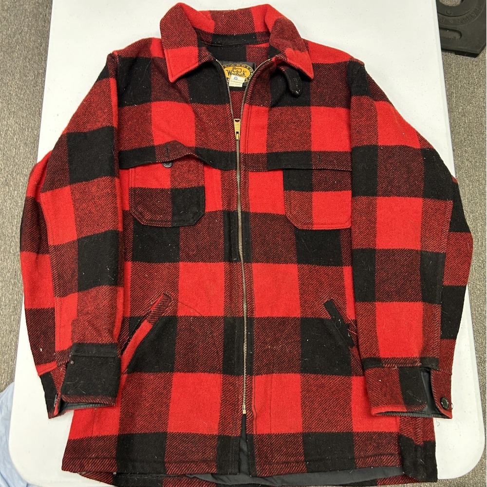 Woolrich Cruiser Jacket Mens L Long Red Black Buffalo Plaid Wool Blend Zip Front